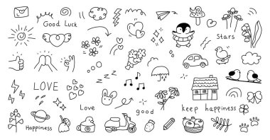 Bulutlar, mantarlar, arabalar, evler, kalpler, çiçekler ile rastgele çizilmiş karalama.