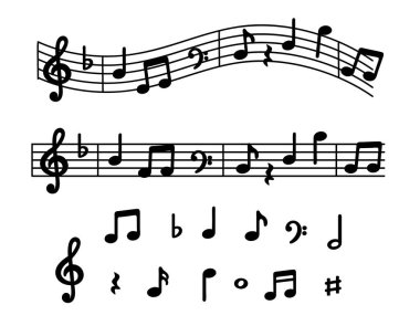 Müzik notaları, dalgalı satırlar, müzik notaları sembolleri