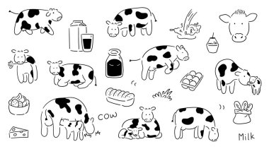 El çizimi şirin inek, inek karalaması, siyah beyaz inek, süt ürünleri, tarım ürünleri