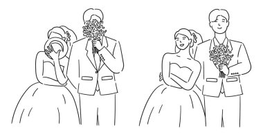 Şirin gelin ve damat çifti, gelin ve damat buketi ve damadın şapkasıyla poz veriyor.