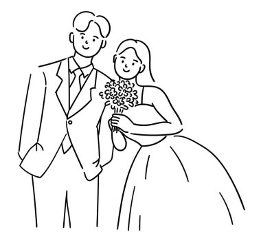 Düğünlerinde sevimli genç bir çift. Düğün günü vektör illüstrasyonu