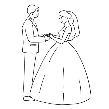 Damat gelinin elini tutuyor ve düğünlerinde gözlerinin içine bakıyor. Düğün günü vektörü