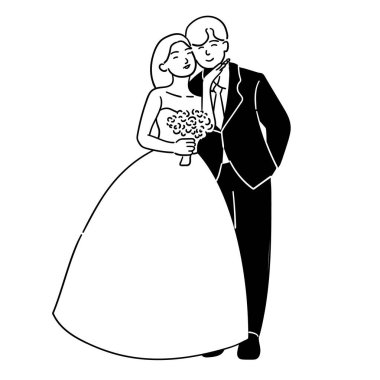 Gelin ve damat, düğün günü vektör illüstrasyonunda sevimli ve mutlu bir çift.