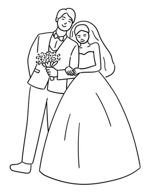 Gelin utangaç bir şekilde damadın omzuna yaslanıyor. Düğün günü vektör ilüstrasyonunda sevimli bir çift.