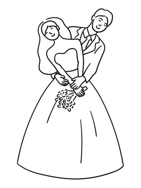 Düğün çifti, damat geline sevgiyle sarılıyor.