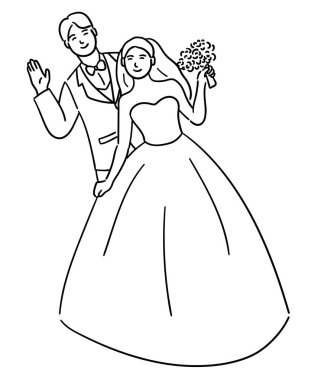 Gelin ve damat, gelin ve damat mutlu bir şekilde vektör illüstrasyonuna bakıyorlar.