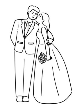 Gelin ve damat, gelin damadın yanağını öpüyor, tatlı düğün çifti.