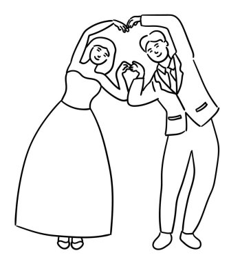 Düğün çifti, gelin ve damat el çizimleri ile mutlu bir kalp şekli oluşturuyorlar.