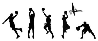 Basketbol oynayan adam, basketbol oyuncuları siluetler, basketbol oyuncuları zıplayıp pratik yapıyorlar.
