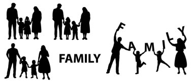 Mutlu bir aile, küçük bebekleri olan ebeveynler, siluetleri olan aileler.