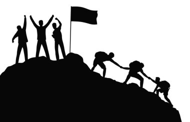 Tırmanma Dağı, insanların yardım etmesi ve takım çalışması konsepti, iş adamlarının başarı konsepti, dağcılıkta zirveye tırmanan iş adamı silueti