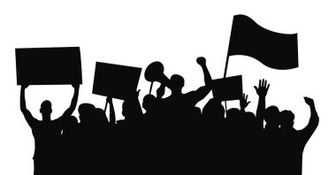 Protestocular, kızgın protestocular, pankartlı ve megafonlu insanların siluetleri.