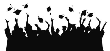 Mezuniyet kutlamaları, mezuniyet silueti, mezuniyet şapkalarını havaya fırlatan öğrenciler.