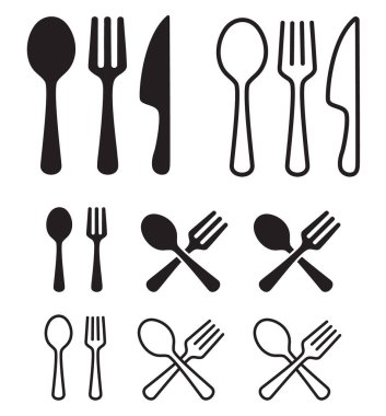 Çatal, bıçak, kaşık ikonları, restoran sembolleri, çatal bıçak takımı.