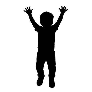 Siluet atlayan çocuk, mutlu çocuklar atlıyor, beyaz arka planda yalnız koşuyor.