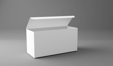 Beyaz kutu maketi, boş kutu şablonu 3 boyutlu olarak gri renkte izole edilmiş