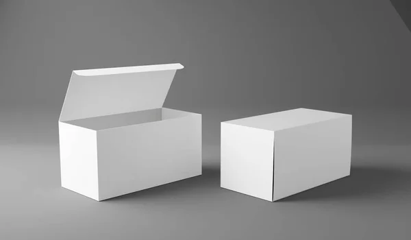 Bílý Box Mockup Prázdný Box Šablona Izolované Šedém Pozadí Vykreslování — Stock fotografie