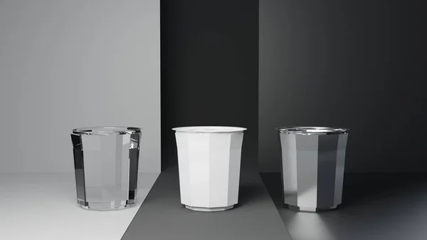 3D rendering of a set of white glass containers on a black & white background