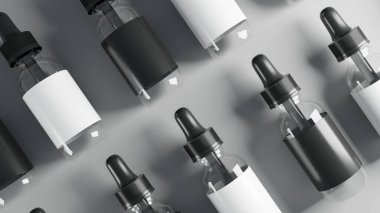 Gri arka planda ilaç bulunan cam damlalar. 3d oluşturma