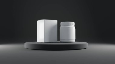 Siyah arka planda kapağı olan beyaz plastik bir şişenin 3D görüntüsü