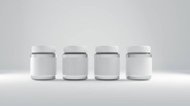 Beyaz arka planda bir takım tıbbi şişelerin 3D görüntülenmesi