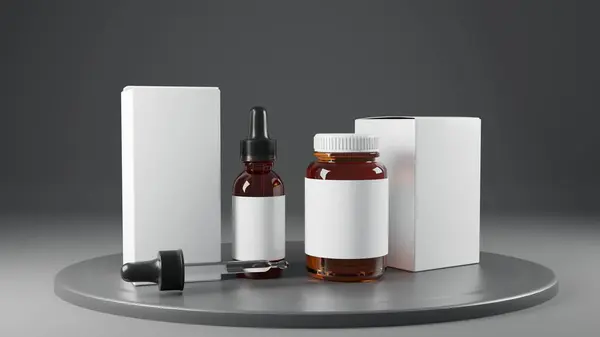 Render Cosmetic Bottles Blank Label Grey Background — Stock Photo, Image