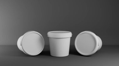 Gri arkaplanda 2 beyaz 3 kova. 3B resimleme