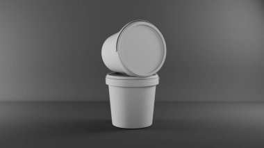 Gri arka planda kapağı olan beyaz plastik bir bardağın 3D görüntüsü