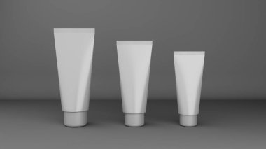 Gri arka planda beyaz kozmetik tüp modeli. 3B görüntüleme