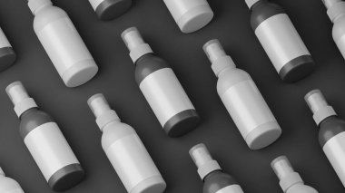 Siyah arka planda boş beyaz sprey şişesi modeli. 3B resimleme
