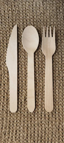 Disposable Wooden Cutlery Natural Jute Placemat Close Disposable Fork Spoon — Stock Photo, Image