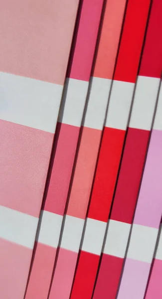 Pantone 'un kırmızı ve pembe renkleri. Kırmızı ve pembe palet yakın çekim. Renk oluşturma sistemi, kırmızı ve pembe renk tonlarına sahip bir vantilatör.