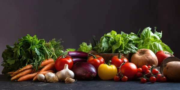 Fresh veggies border on black background Ideal for healthy food designs