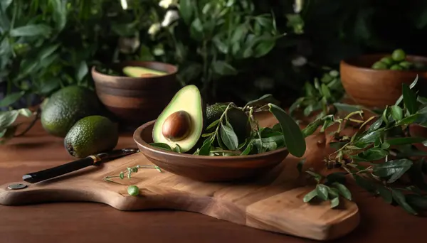 Ekologisk Avokadosallad Med Gröna Grönsaker Rustikt Bord — Stockfoto