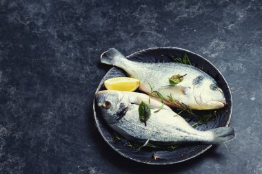 Taze, çiğ dorado balığı, deniz ürünleri lezzeti.