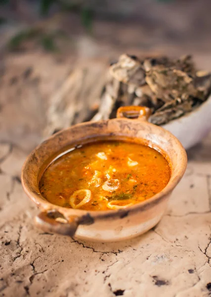Indulge Fish Soup Served Fresh Bread Garlic — Stock Photo, Image