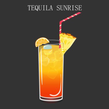 Bardakta tekila, portakal dilimli Sunrise kokteyli ve koyu arkaplanda ananas. Vektör illüstrasyonu EPS10