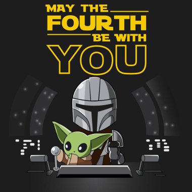 Mandalorian ve bebek Yoda (Grogu). Evren Yıldız Savaşları. Vektör illüstrasyonu EPS10