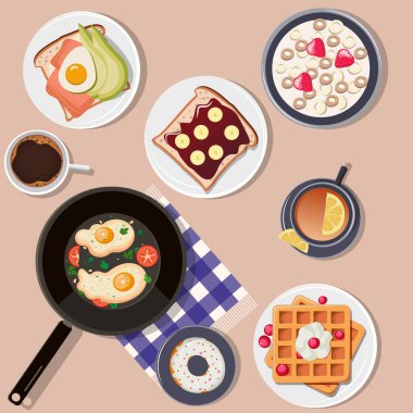 Kahvaltı için tabaklar: çırpılmış yumurta, waffle, tost, çörek, avokado, limonlu çay ve kahve. Kahvaltı menüsü, taze yemek konsepti. Pankart, web sitesi, poster EPS10 için vektör illüstrasyonu