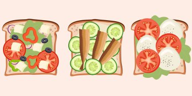 Çeşitli malzemelerle sandviç ve tost için vektör çizimleri. Vektör illüstrasyonu EPS10.