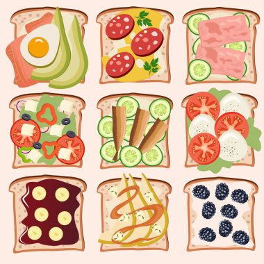 Sandviçler için vektör çizimleri ya da çeşitli malzemelerle tost. Vektör illüstrasyonu EPS10.