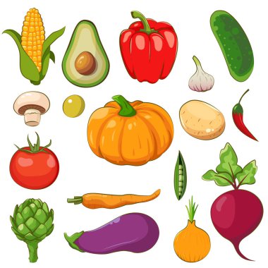Çizgi film tarzında sebze ikonları. Menü için taze organik gıda. Vektör illüstrasyonu EPS10.