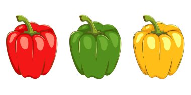 Farklı biber renkleri: yeşil, kırmızı ve sarı. Vektör illüstrasyonu EPS10.