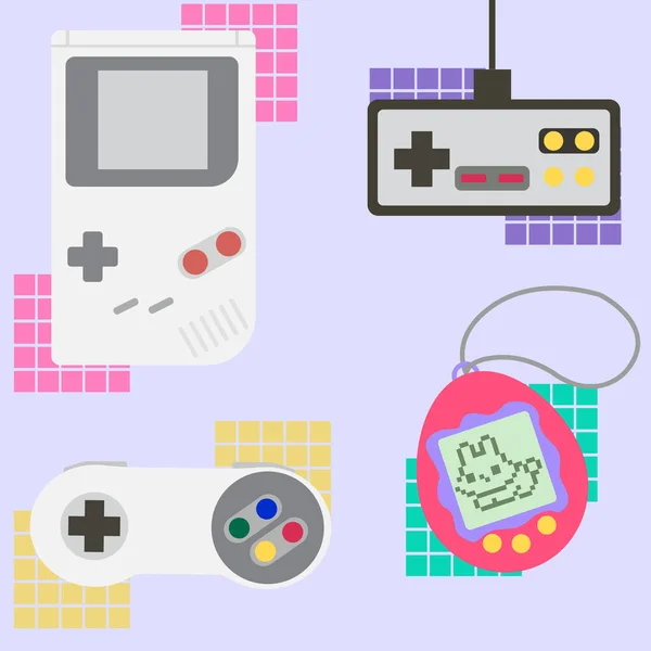 Retro oyun konsolları seti. Tamagotchi, av alanı, av hayvanı, kontrolör. Vektör illüstrasyonu. 