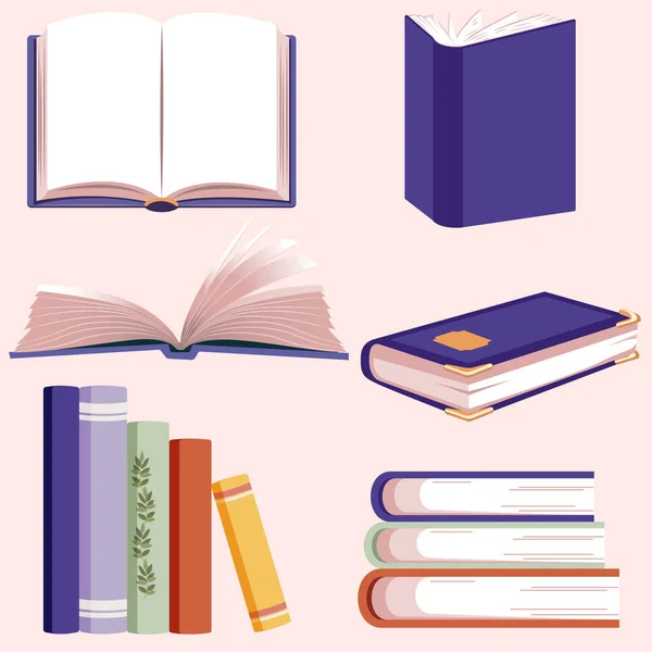 Bir dizi kitap. Onlar açık ve kapalı, gruplar halinde ve bireysel olarak yatıyorlar. Vektör illüstrasyonu.