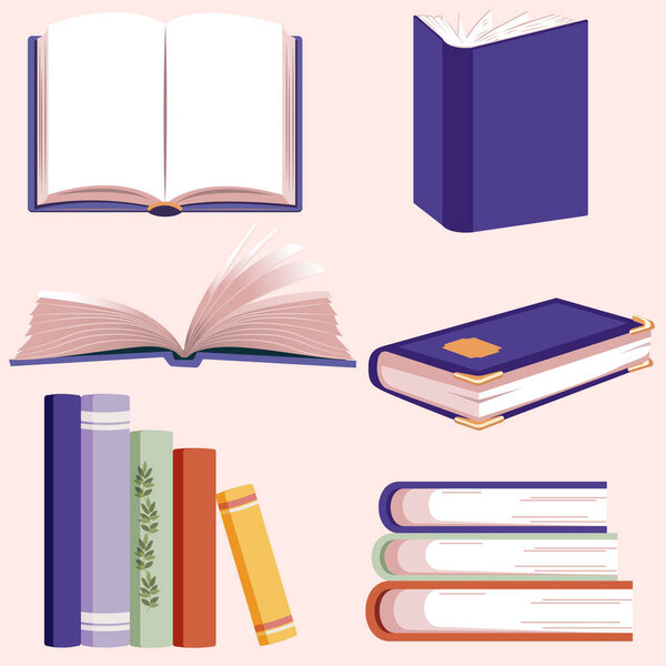 Set of various books. They are open and closed, lying in groups and individually. Vector illustration.