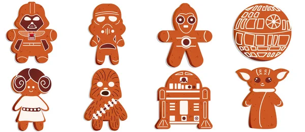 Yıldız Savaşları karakterleri şeklinde komik zencefilli kurabiye (Stormtrooper, Leia, C-3PO, Grogu, Chewbacca vb.) Vektör illüstrasyonu EPS10