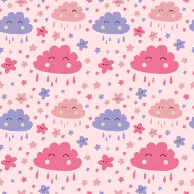 Sevimli renkli bulutlar, gülen yüz, pürüzsüz arkaplan, sarı yıldız parıltısı, beyaz tekrarlayan vektör çizimi.