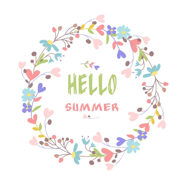 Hello Summer Flower Frame Banner Colorful Wreath Flowers Flat Vector — Stock Vector