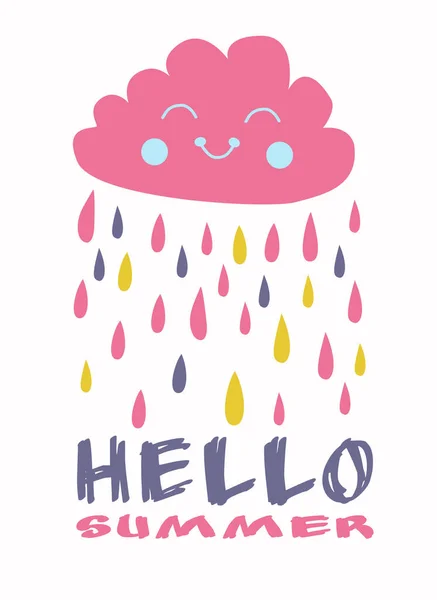 Ręcznie Rysowana Kompozycja Literowa Hello Summer Chmurą Bazgrołów Deszczem Ręczna — Wektor stockowy
